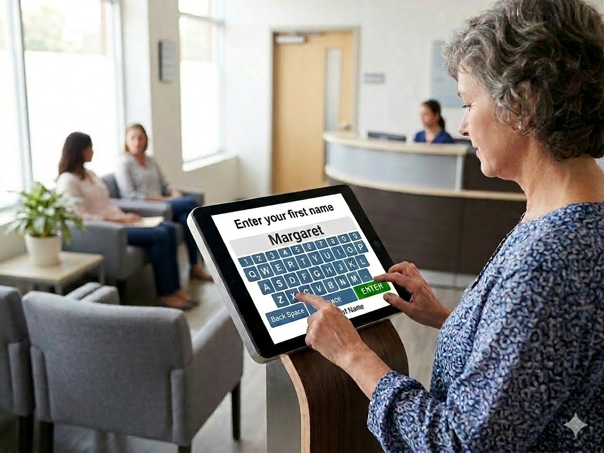 Medical offices replace the traditional paper sign in sheet with a patient queuing kiosk to provide privacy and efficiency.