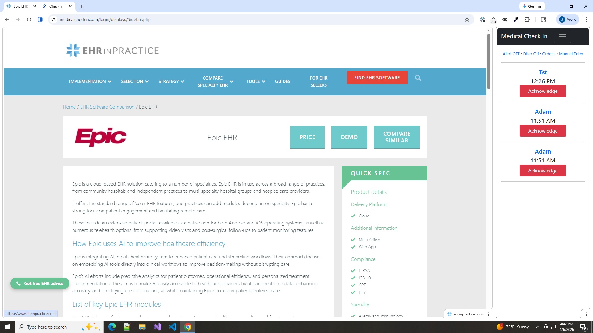 Add in the Patient Check In page to show the sidebar display.